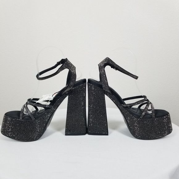 Zara Black Rhinestone Studded Platform Retro Y2K Strappy Blogger Fave Pumps Sz 8 - Picture 5 of 12